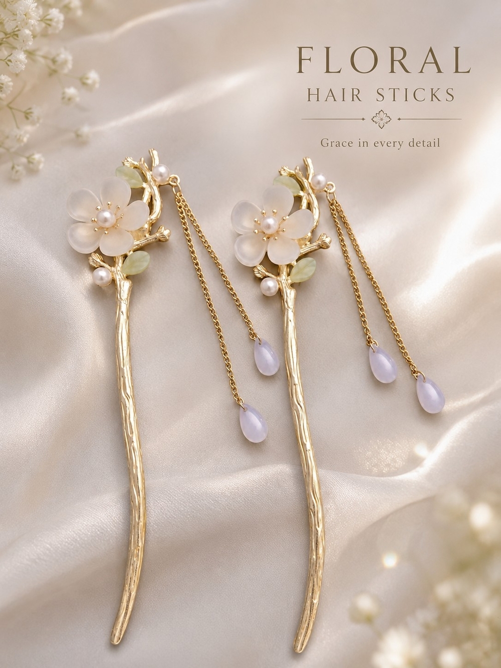Floral Hair Sticks with White Flower Accents
